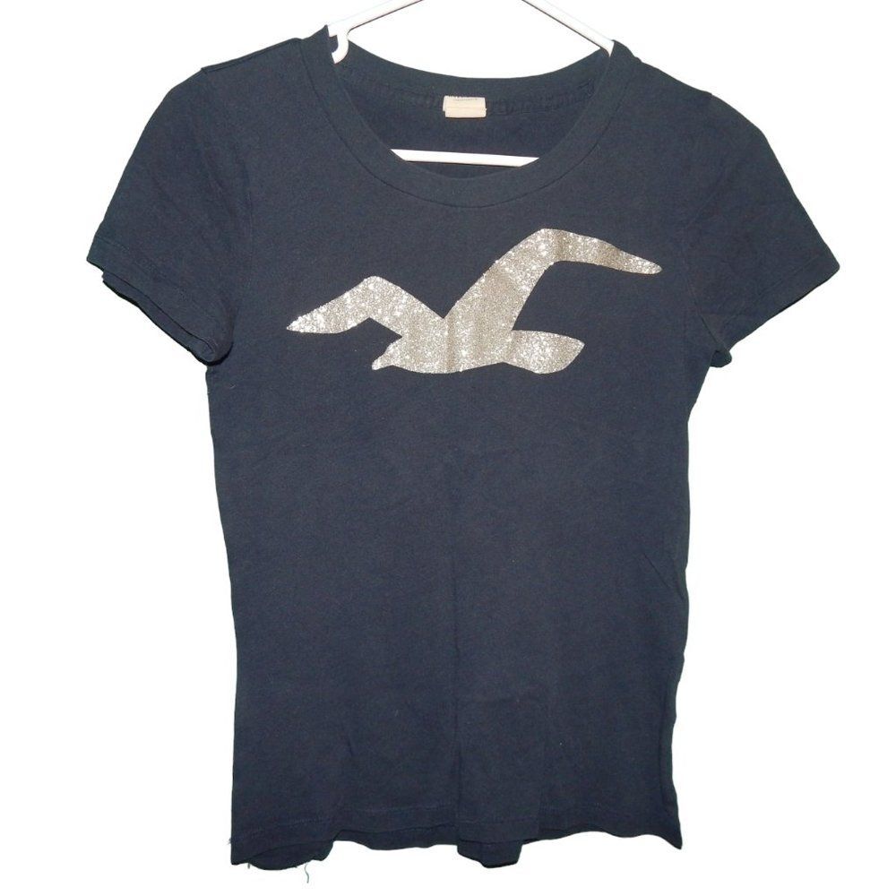 Hollister women's junior’s medium navy blue silver glitter logo graphic t‑shirt